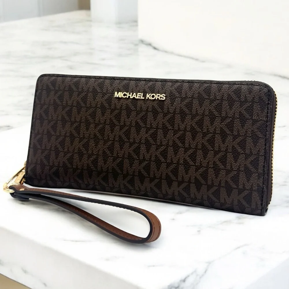 Michael Kors Large Continental Wallet Wristlet Brown Signature